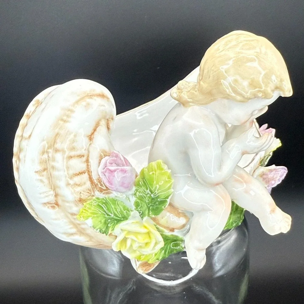 Vintage Cherub Angel Shell Porcelain Trinket‎ Pink Flower Dish Shabby Chic